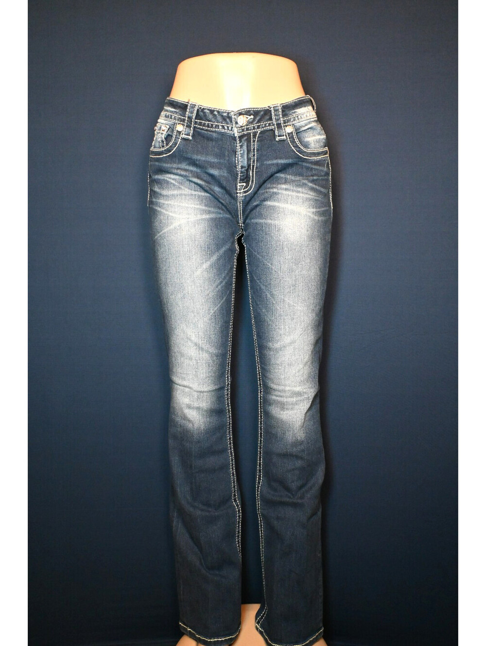 Miss Mw Bootcut Jeans Size 29 Dark Wash Thick Stick Rhinestones Waist 15.5"